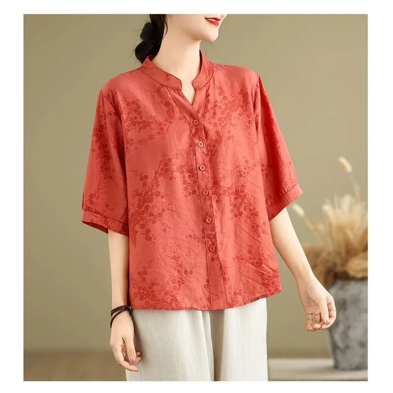

Women's Vintage Floral Print Linen Blouse Turn Down Collar 3/4 Sleeve Loose Fit Casual Summer Top