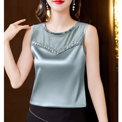 2024 New Fashion Beaded Tank Top Summer Silk Satin Shirt Round Neck Sleeveless Camisole