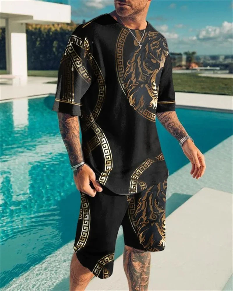 Luxury Vintage Summer Men Sets Shorts Outfits Male Tees Street T Shirt 2 Piece Tiger 3D Print Casual Oversized O-Neck Tracksuit