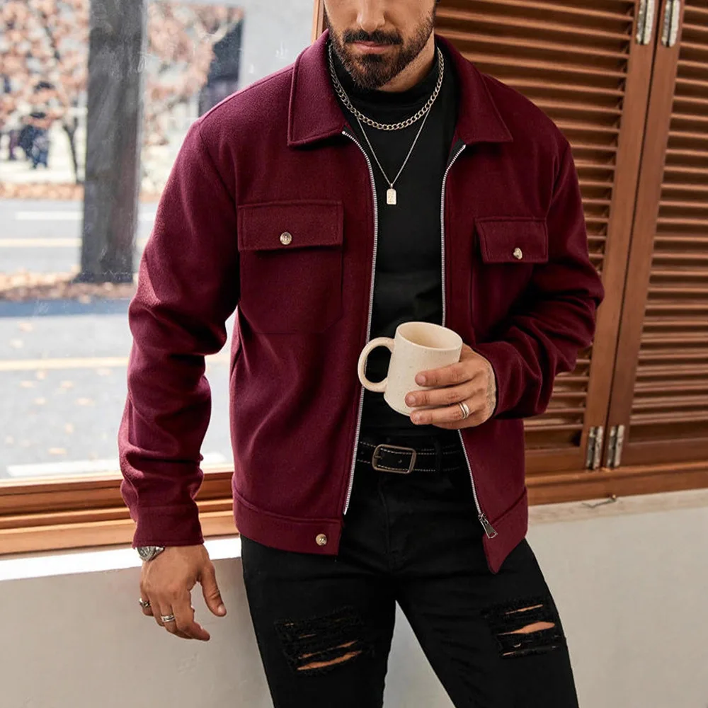 2026 Autumn New Men's Fashion High Street Wool Zipper Double-Pocket Workwear Jacket