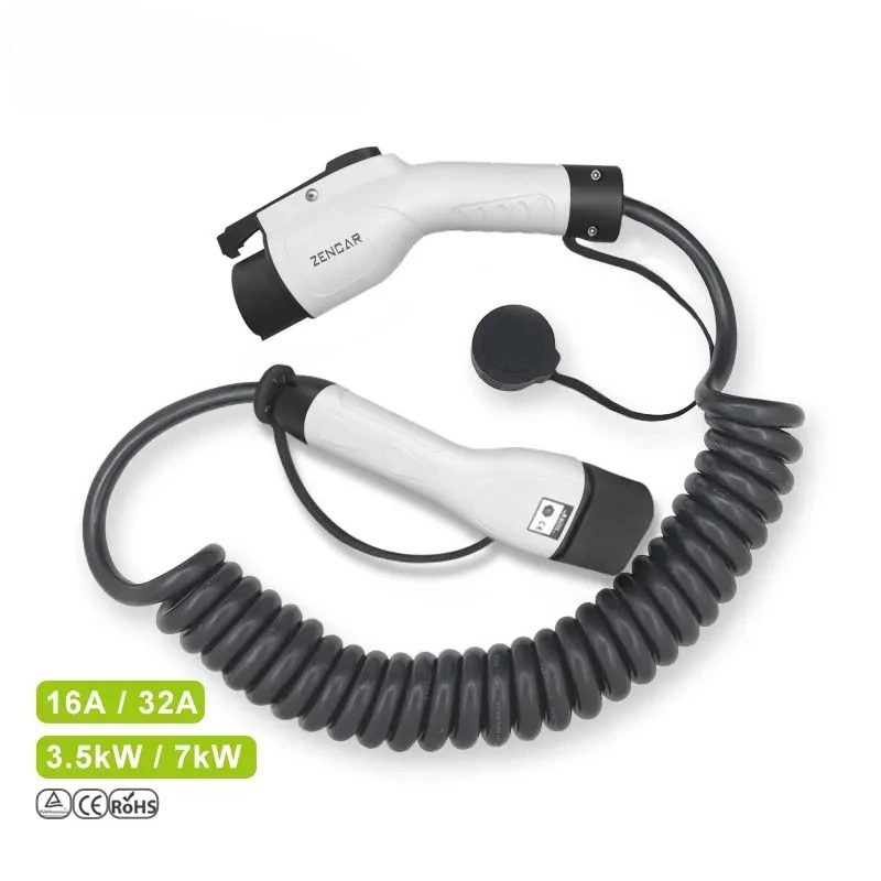 

IP65 Type 2 to Type 1 3.5kW 7kW Electric Vehicle Charging Cable EV Coiled Cable 16A 32A