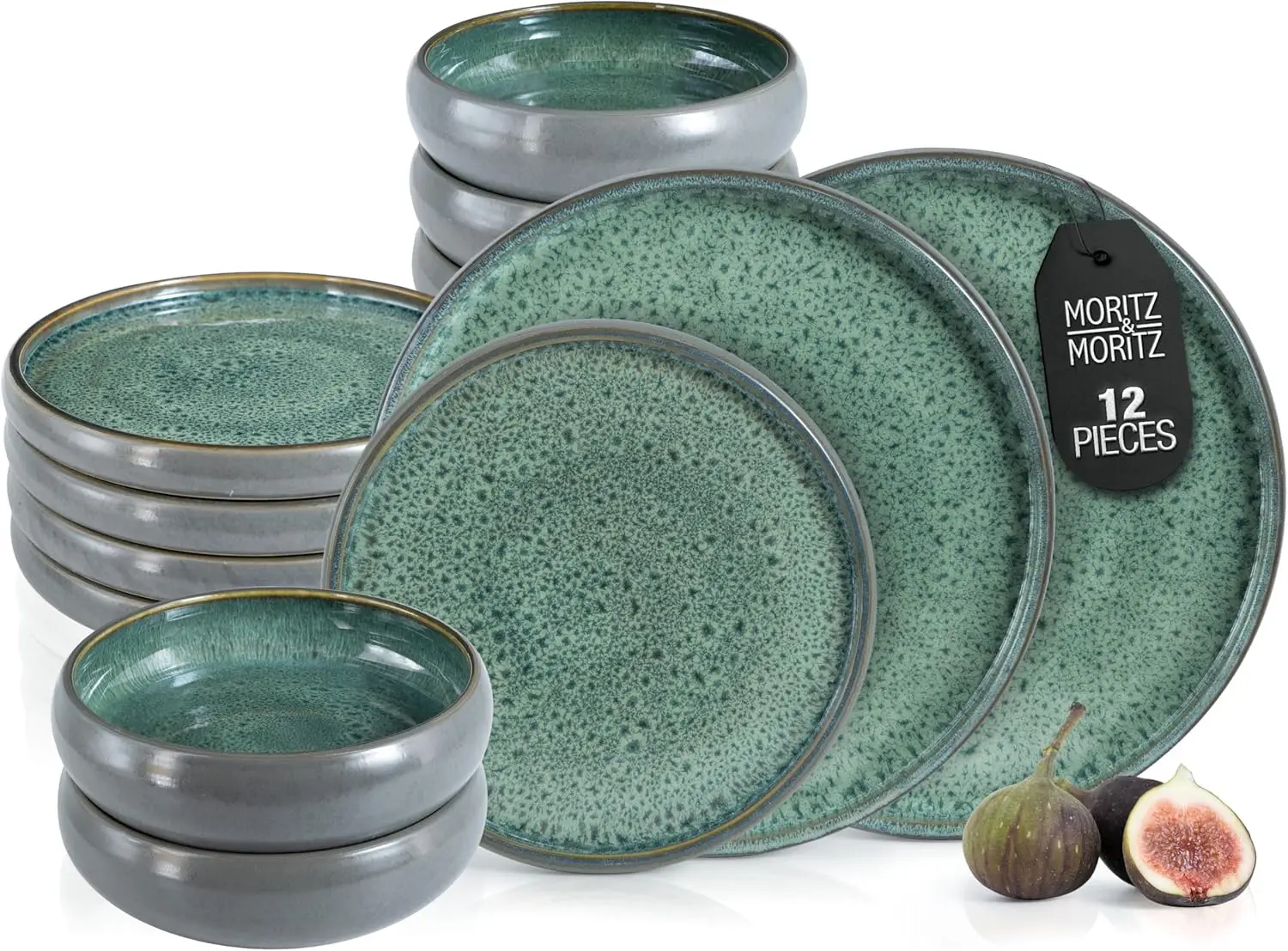 

Solid 12-Piece Stoneware Dinnerware Set for 4 | Plate and Bowls Set with 4 Dinner Plates, Small Dessert Plates & Soup Bowls - Ki