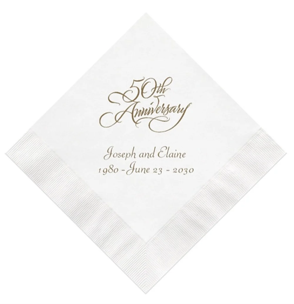 

Custom Scripty 50th Golden Wedding Anniversary Napkins Personalized Set of 100 Decorations Party Supplies