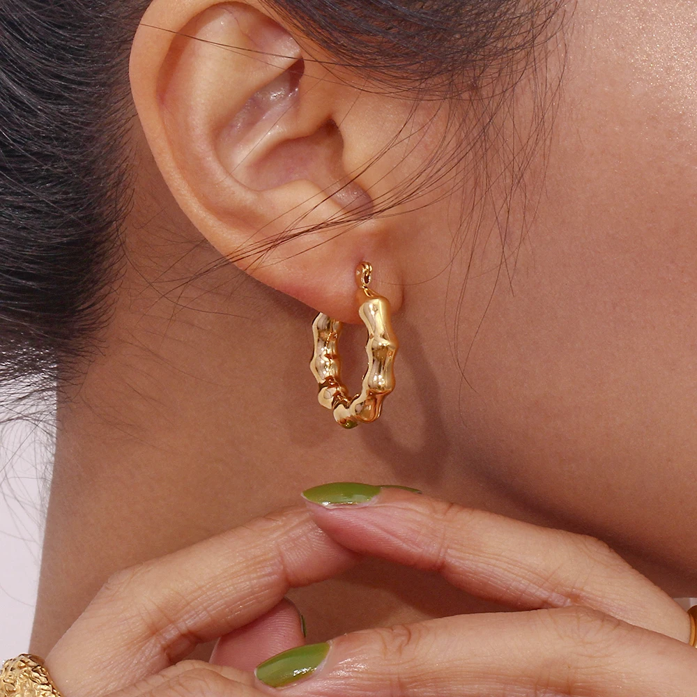 E.B.belle Light Weight Stainless Steel Bamboo Nodes Shape Hoop Earrings For Girls Gold Plated Waterproof Jewelry For Women