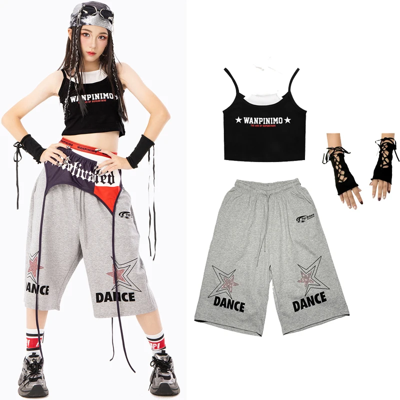 2026 Children Hip Hop Dance Costumes For Kids Black Vest Loose Shorts Catwalk Outfits Girls Group Jazz Dance Clothing XH5107