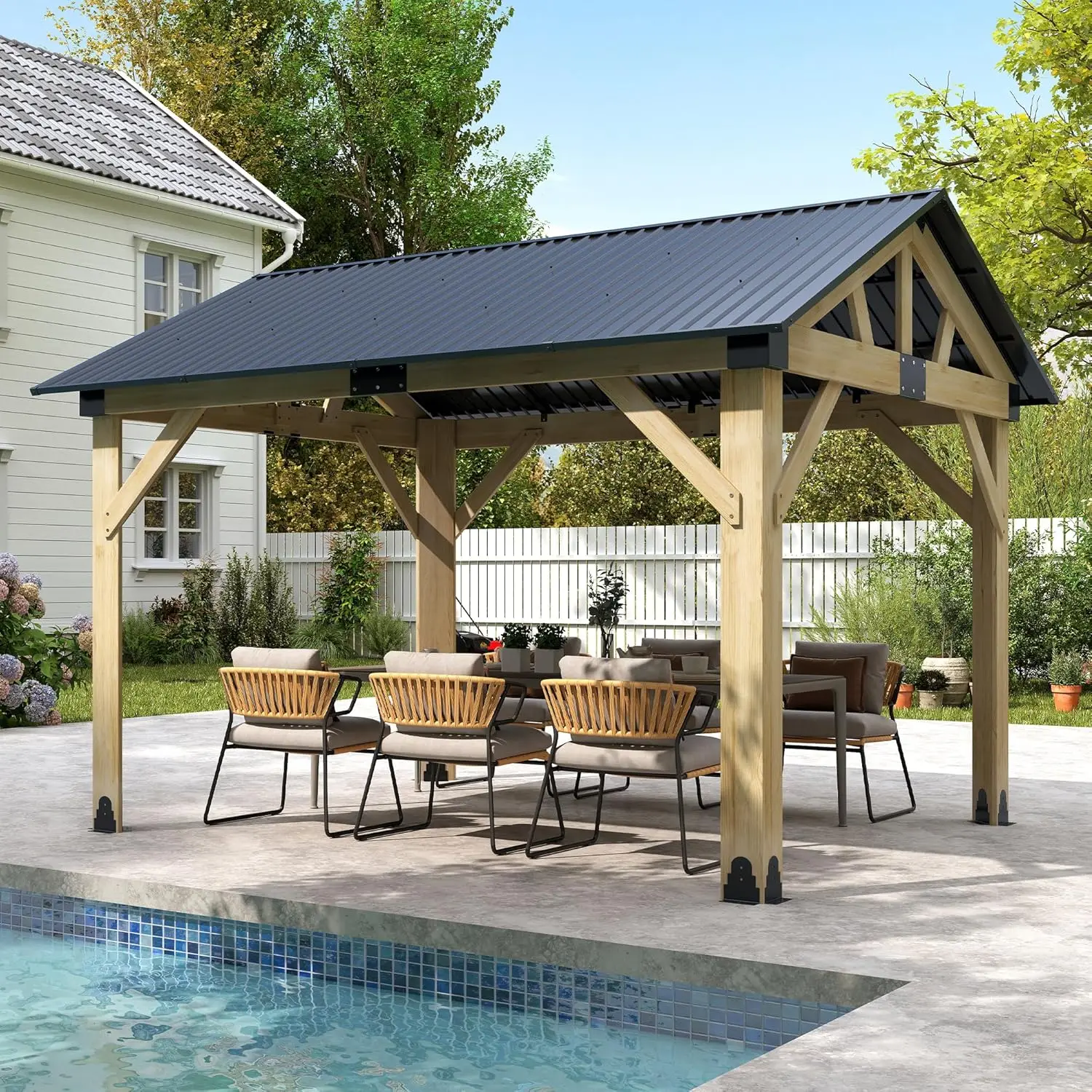 

10x12 Cedar Wood Gazebo Steel Gable Roof Outdoor Garden Yard Deck Patio Customized