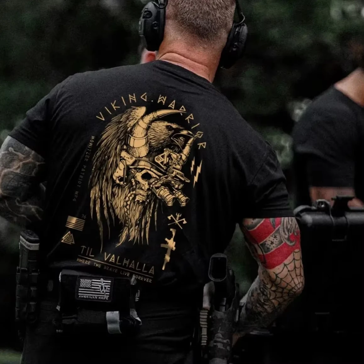 Black Gold Contrast Tactical Viking Skull Night Vision Helmet Raven Norse Rune Print T Shirt Large Back Til Valhalla