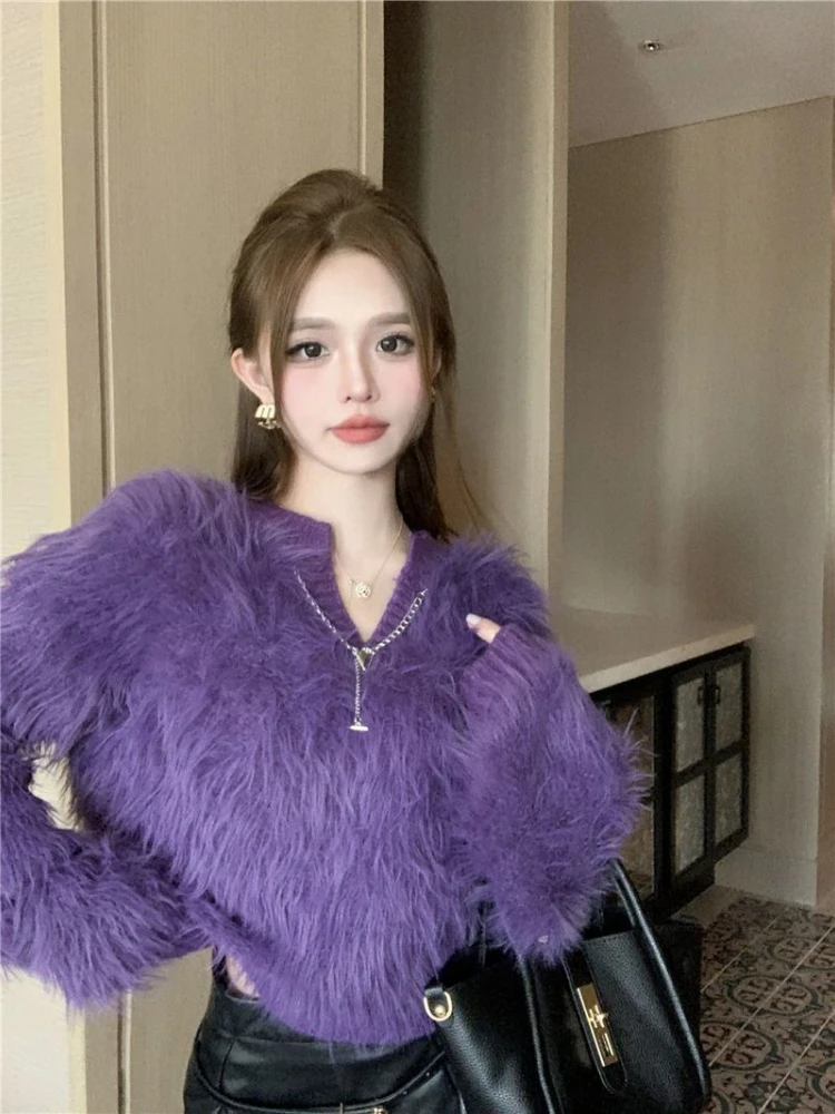 여성용 브이넥 니트 스웨터 긴 소매 오리지널 패션 2025 일본 스타일 의류 퍼플 여성 풀오버