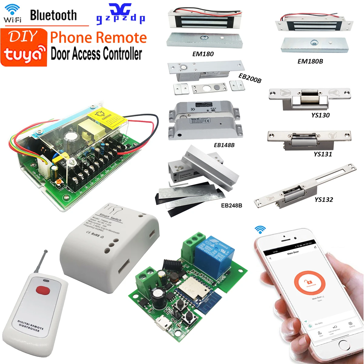 

DIY WiFi Tuya Phone Door Lock Access Control System Kits with 12V5A Backup Battery Function Power Supply