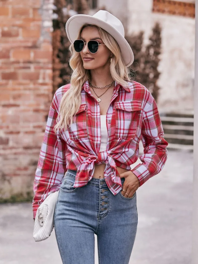 

Women's Fashion Plaid Print Buttons Shirts Casual Long Sleeve Lapel Collar Pockets Cardigan Shirt Female Spring Autumn Loose Top