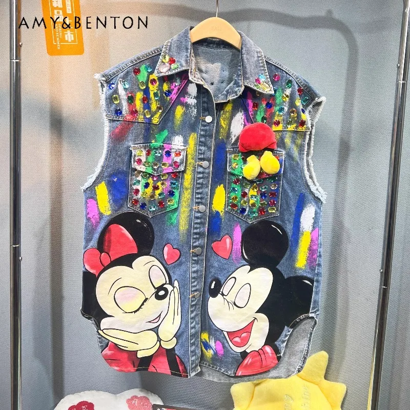 

Popular Design Cartoon Beaded Sequins Graffiti Heavy Industry Denim Jacket Medium And Long New Autumn Loose Top Sleeveless Vest