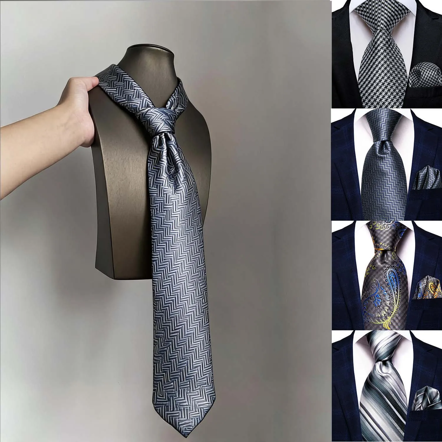 Grey Classic Men Necktie & Pocket Square 2Pcs Set Formal Wedding silk Business Accessory