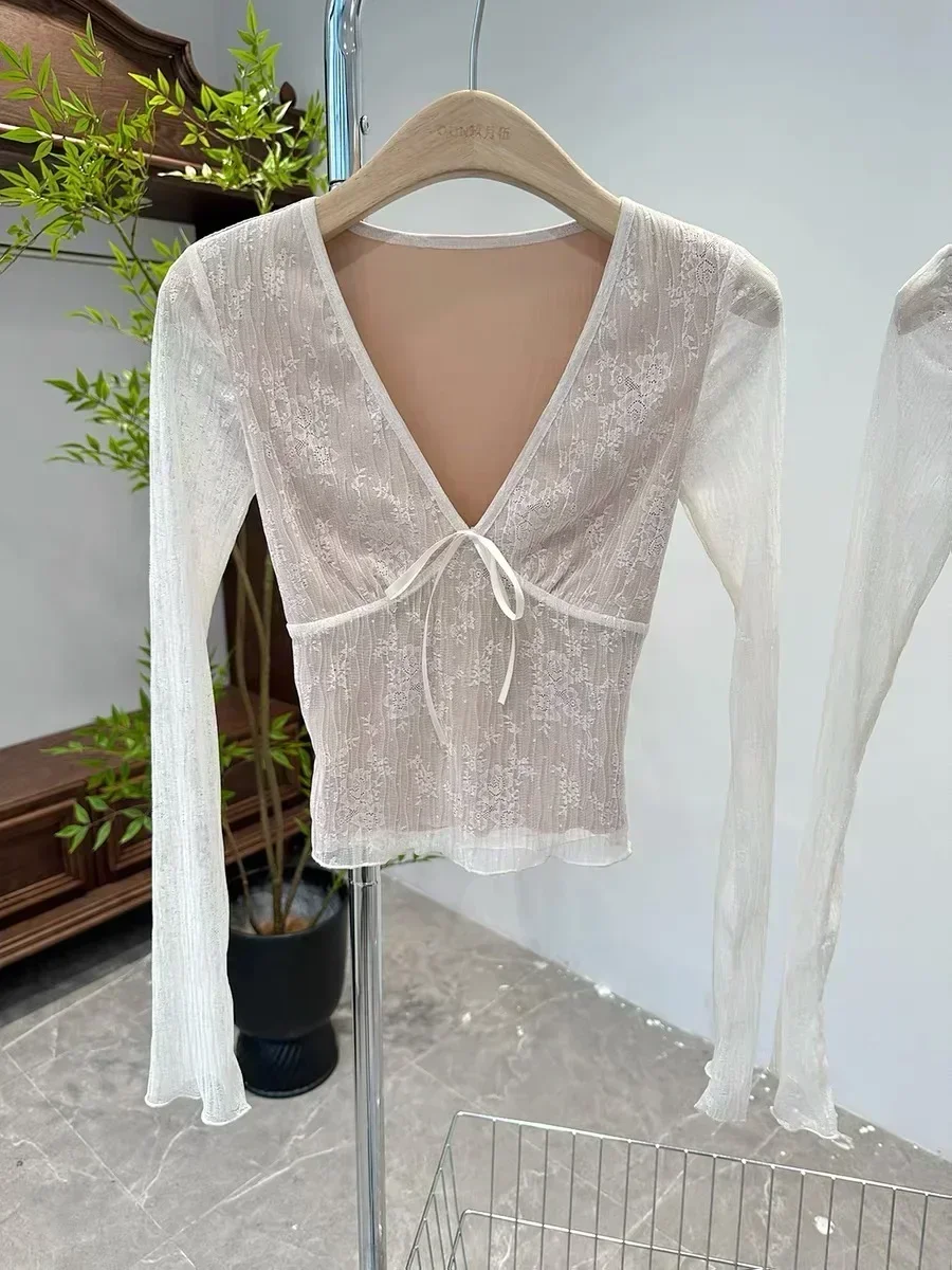 Y2K cute Long Sleeve Crop Tops Coquette Chic Lace-Up T-Shirts Kawaii Square Neck Blouse Slim E-Girls T-Shirt tee tops