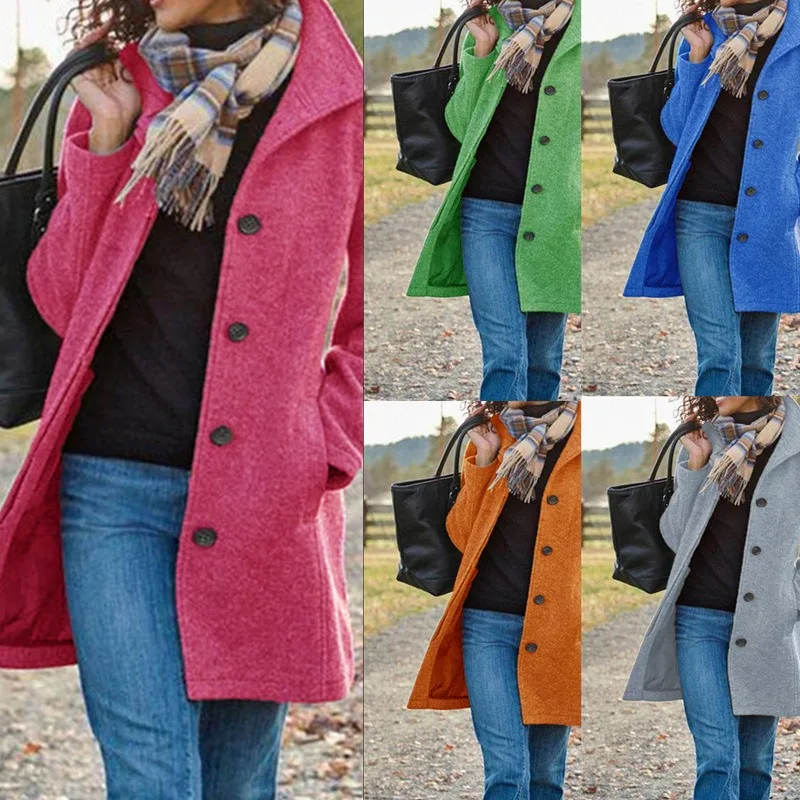 Spring Autumn Mid-Long Multi-Button Wool Coat Women's Casual Cardigan