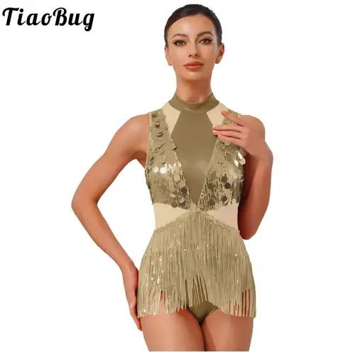 Imagen 2 del producto Women Latin Cha-cha Dance Leotard Rhinestones Tassel Bodysuit Dress Gymnastics Figure Skating Jazz Performance Costume Dancewear