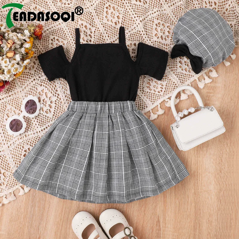 4-7Y Kids Girls Summer Clothes Outfits Short Sleeve Off-Shoulder Sling Knit Rib Tops+Bow Plaid Pleated Skirts+Beret Cap 3Pcs Set