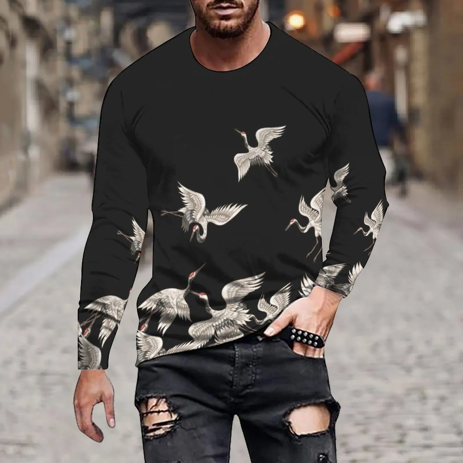 Simple Everyday Long Sleeve T-shirt 3D Printed Crane Butterfly Animal Men's T-shirt Cool And Comfortable Oversized Crewneck Top