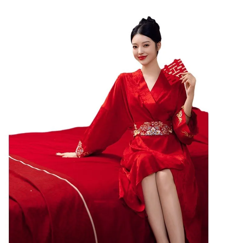 The long embroidered bathrobe for morning dress wedding signature red ice-silk
