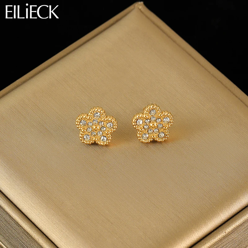 

EILIECK 316L Stainless Steel White Clover Petal Zircon Stud Earrings For Women Trendy Earring Waterproof Jewelry Birthday Gift