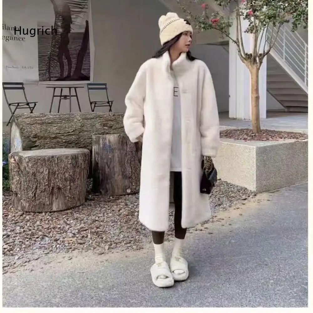 Loose Full Length Women Faux Fur Coat Stand Collar Side Pockets Warm Outer Garment For Ladies Cold Season Daily Wearing