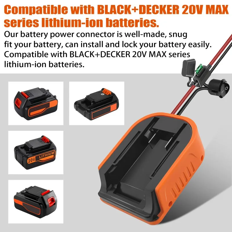 Portable Power Wheel Adapter for Black&Decker 20V Lithium Batteries for DIY Remote-controlled Toy Cars with Fuse and 14 AWG Wire