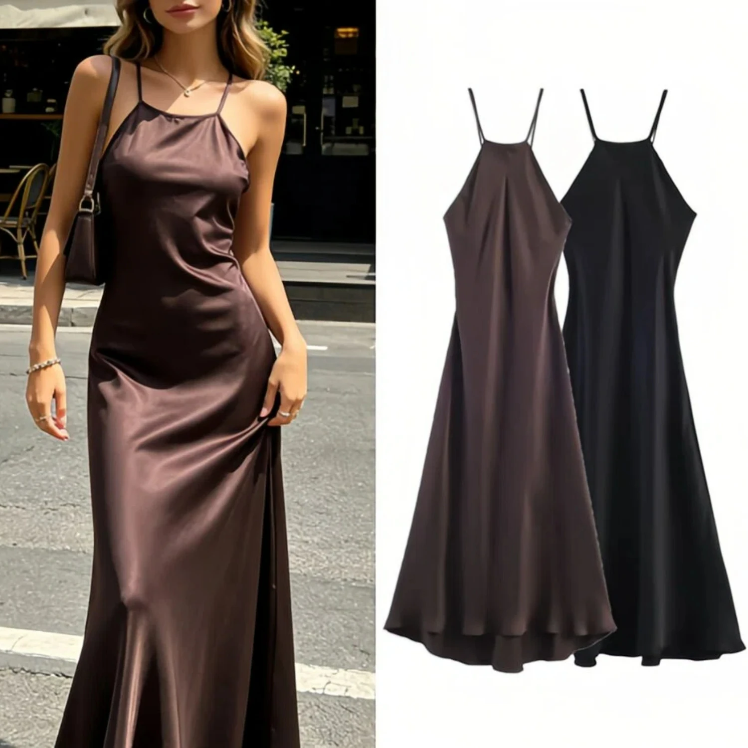 Damen Sommer 2026 Satin Neckholder Midikleid mit Rückenbändern und Asymmetrischem Saum – Elegantes, Trendiges Abend- und Partykleid