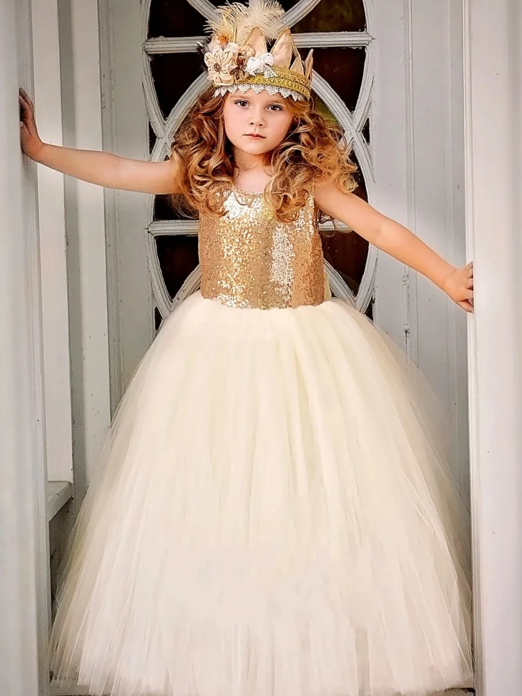 Ivory Flower Girl Dresses Puffy And Gold Sequined Top With Bow For Birthday Party Formal Pageant First Communion Gowns