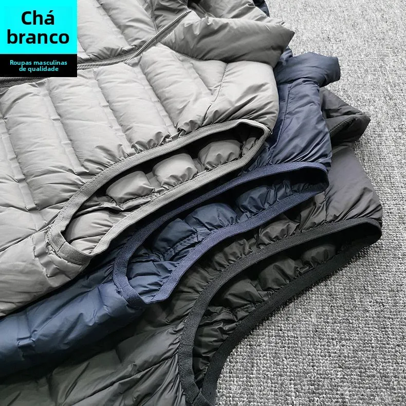 Colete de Aodão de Seda Sem Costura Leve e Quente para Homens Jaqueta com Gola Alta Ajuste Padrão Modelo Fino Marca Chinesa