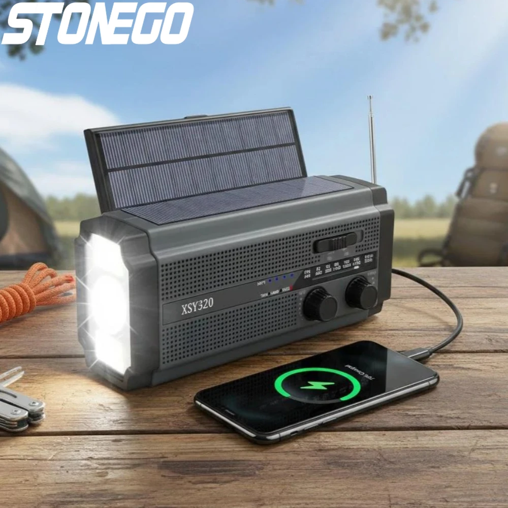 

Солнечное аварийное радио AM/FM с портативным зарядным устройством на 5000 мАч, светодиодным фонариком, лампой для чтения и сигнализацией SOS для кемпинга, походов и активного отдыха на природе