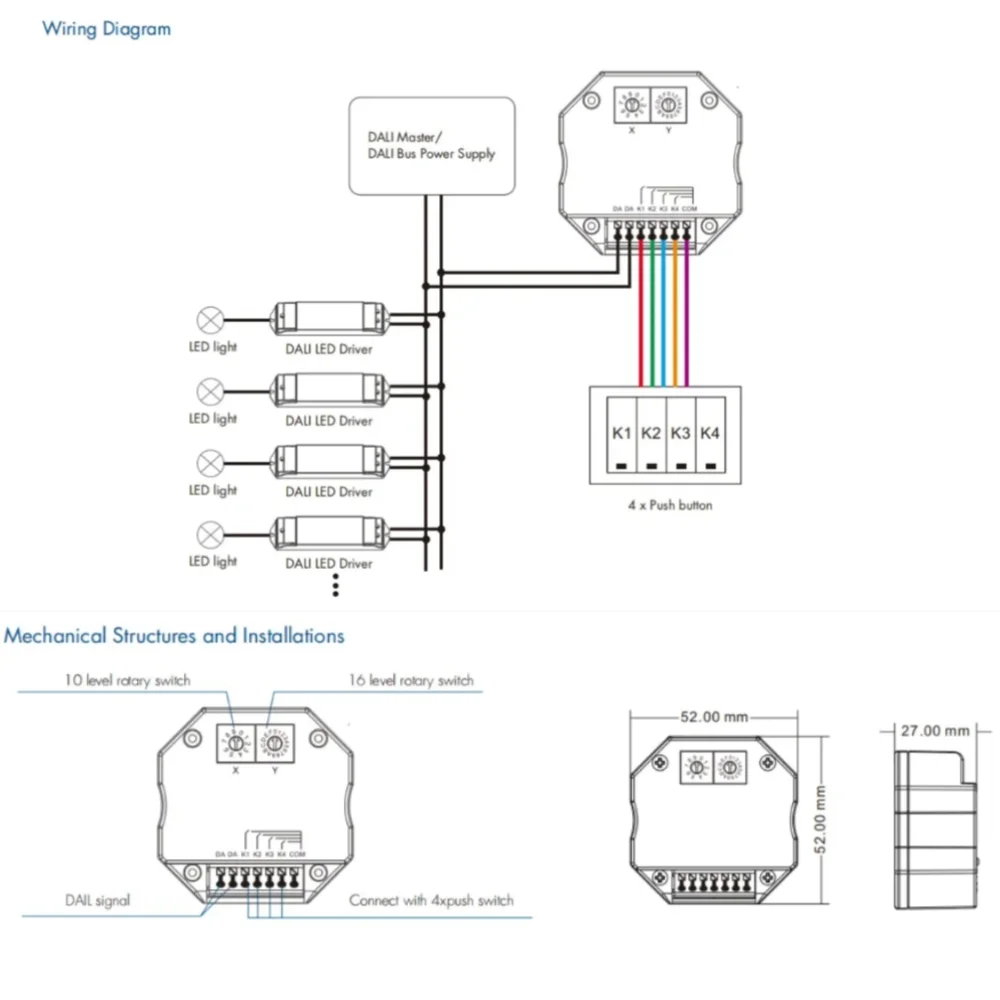 DA-4S DALI Switch Signal 4 Push Button Dimmer Work With DALI Master/ Bus Power Supply Encoding Select Addresses For LED Light