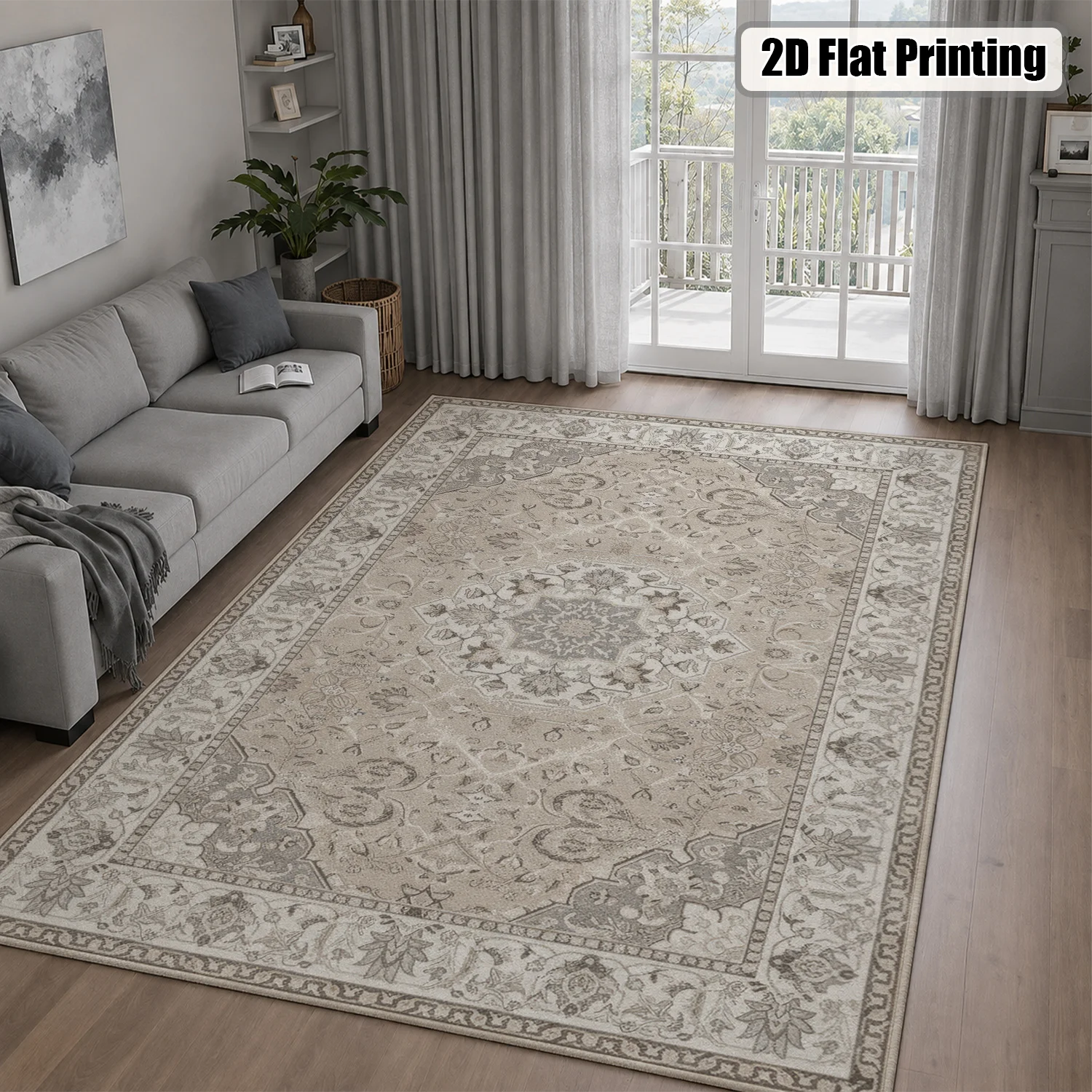 Large Indoor Area Rug, Soft Velvet Low Pile, Non-slip Dotted Backing, Machine Washable Vintage Persian Medallion Rug in Neutral Gray Beige for Living Room, Bedroom Home Decor - view 3
