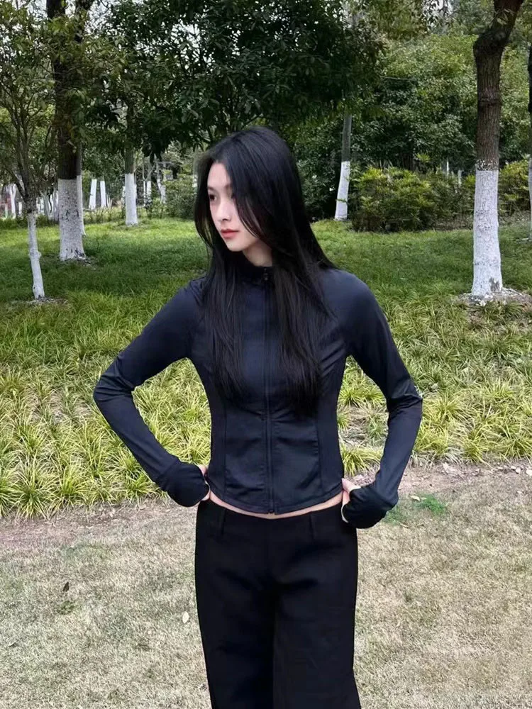 Summer Slim Sun-Proof Coat Women Y2K Korean Fashion Sports Fitness Long Sleeve Yoga Clothes Female Streetwear Zipper Crop Tops