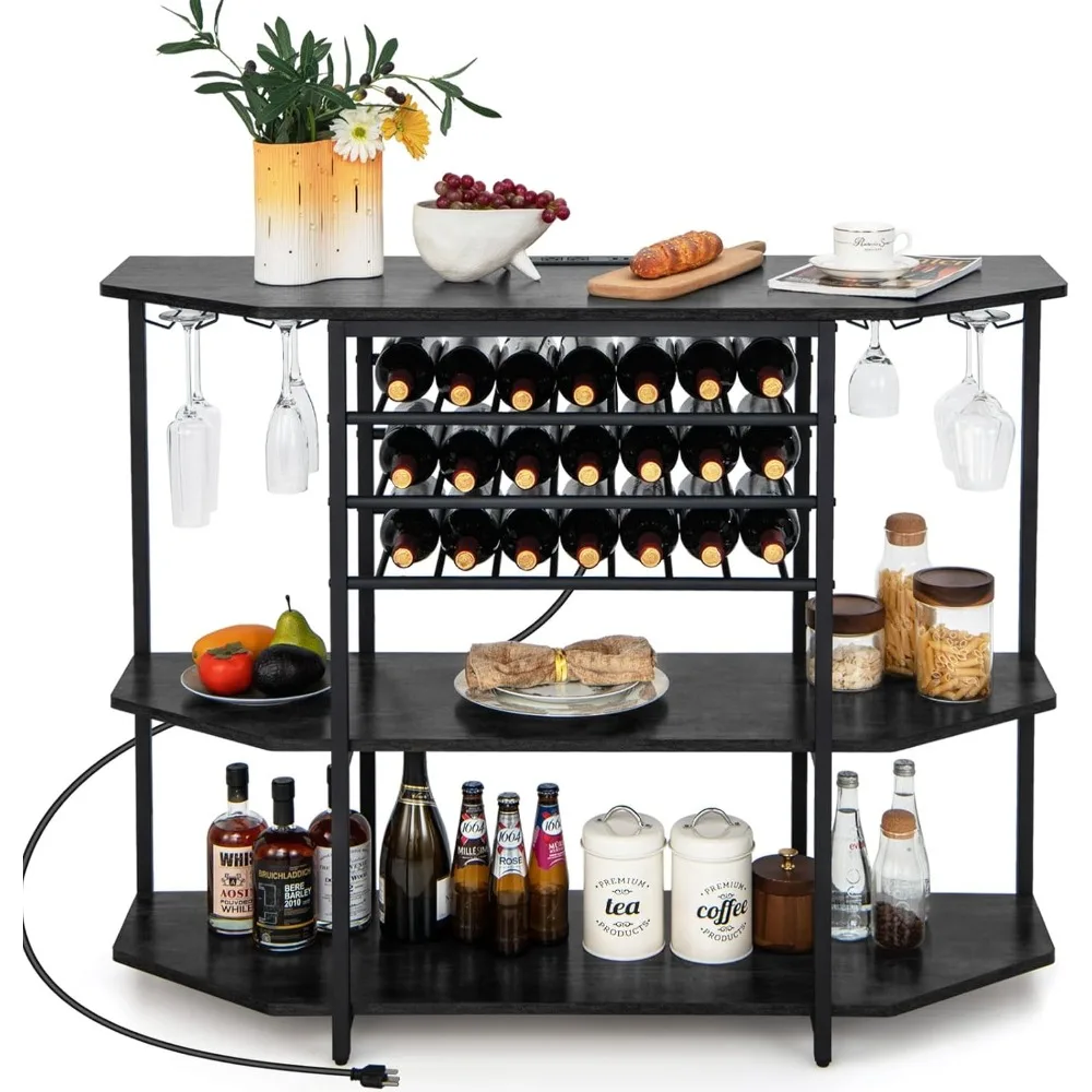 Wine Bar Cabinet, 3-Tier Liquor Cabinet with Power Outlets, Wine Bottle Racks, Glass Holders, Coffee Bar Cabinet, Freestanding