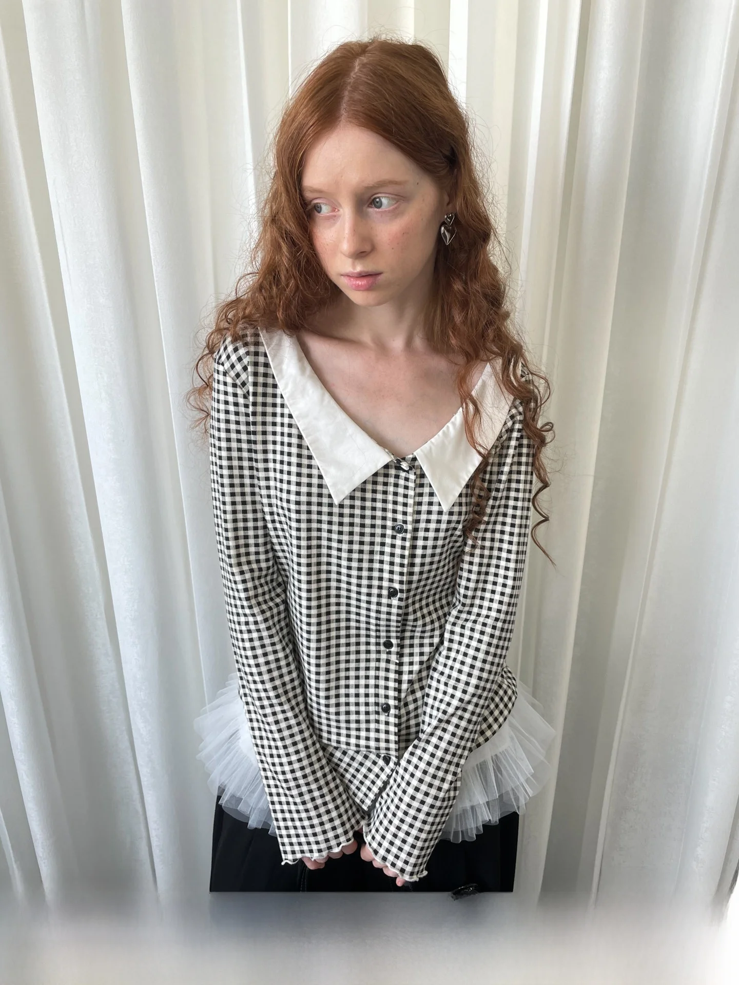 

Bla White Plaid arp Collar Long Sve irt Women's Autumn Versatile Simple Commute irt Loose Smell ex Sle Cotton