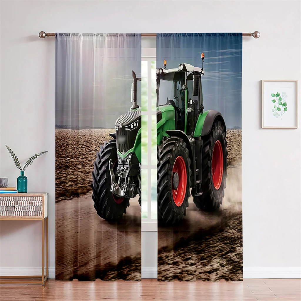 Farm Tractor Curtains 3D Blue Photography Sky Truck Curtains Living Room Bedroom Kitchen Window Decor 2 pcs