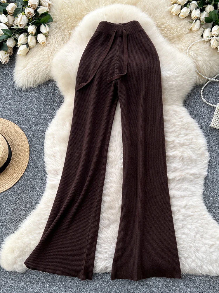 Cozy Knitted High Waist Wide Leg Casual Pants Women's Soft Plump Elastic Waist Floor-Length Trousers Autumn Winter Faion