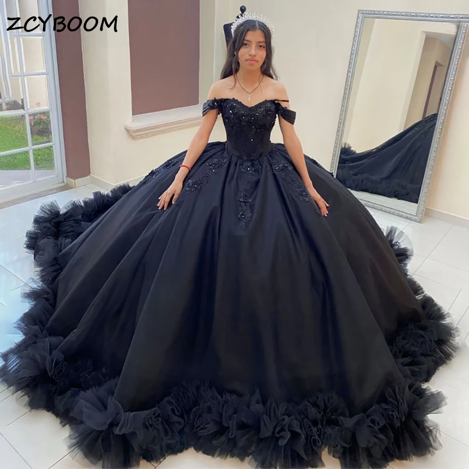 

Роскошное бальное платье из черного тюля с оборками, платья для Quinceanera 2024, платья принцессы с открытыми плечами для девушек, милые платья 15 лет