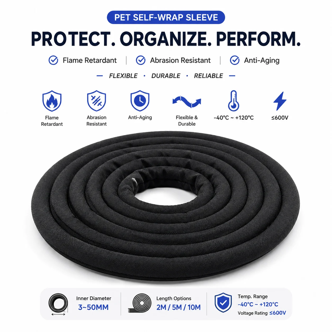 10/5/2M PET (Polyester) Fabric Opening Self Rolling Sleeve ID 3‑50mm Anti Friction Noise Reduction Lightweight Fabric Sleeve