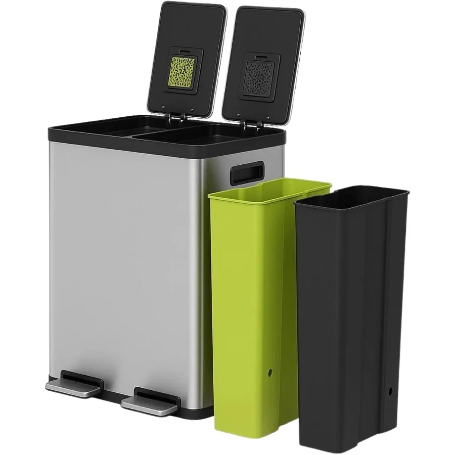 

16 Gallon 60L Step Trash Can with Dual Compartment Design for Kitchen Waste Management Features HandsFree Operation SlowClose L