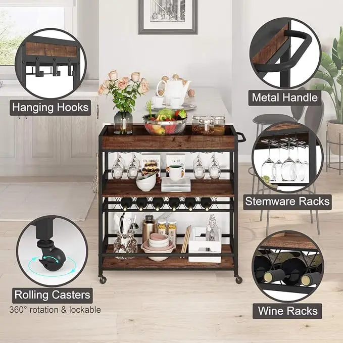 Wrought iron home kitchen red wine rack diagonal hanging household multi-functional push dining cart wholesale
