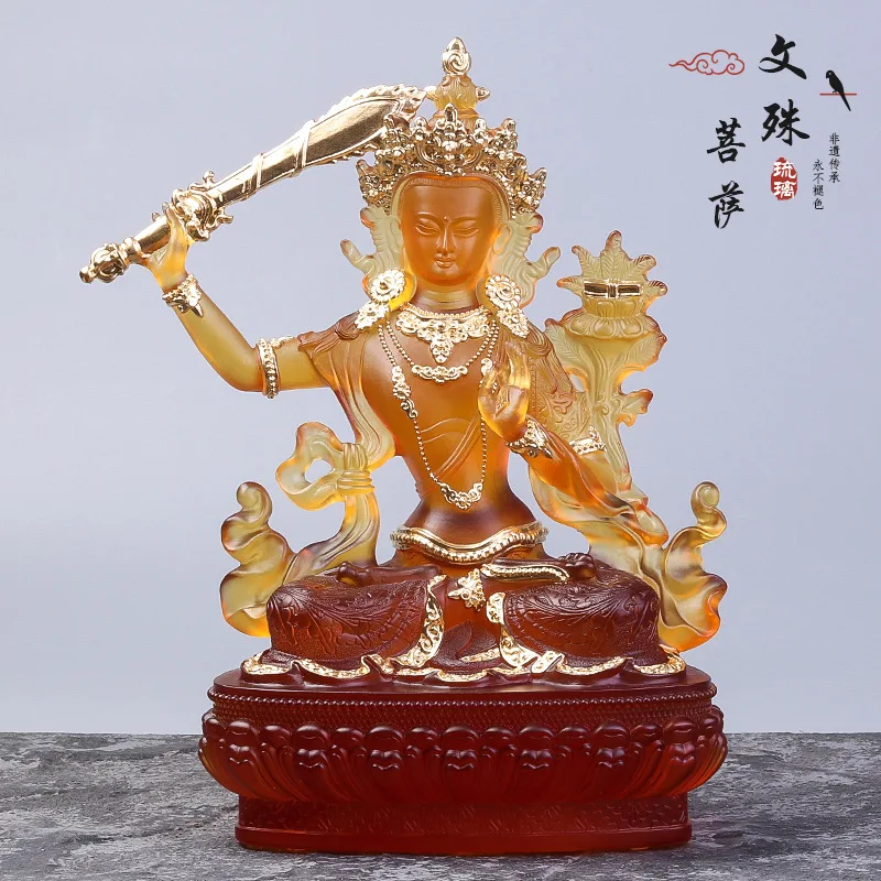 Coloured Glaze Manjushri Tantric Buddha Statue Amber Gilding Home Offering Made Using Ancient Methods Craft Ornaments