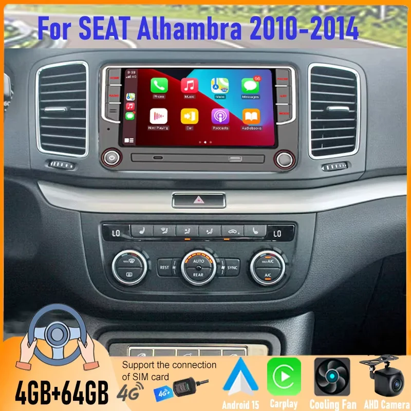 Car Stereo Radio For For Seat Alhambra 2010-2014 Multimedia Player 7inch Wireless Carplay Android 15 Auto Head Unit Navi GPS 8+1