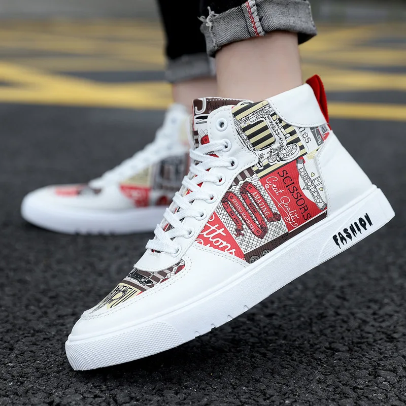 2023 New High Top Men\'s Shoes Personality Graffiti Lace-up Men\'s Shoes Casual Sneakers Student Sneakers Luxury Sneakers Boots