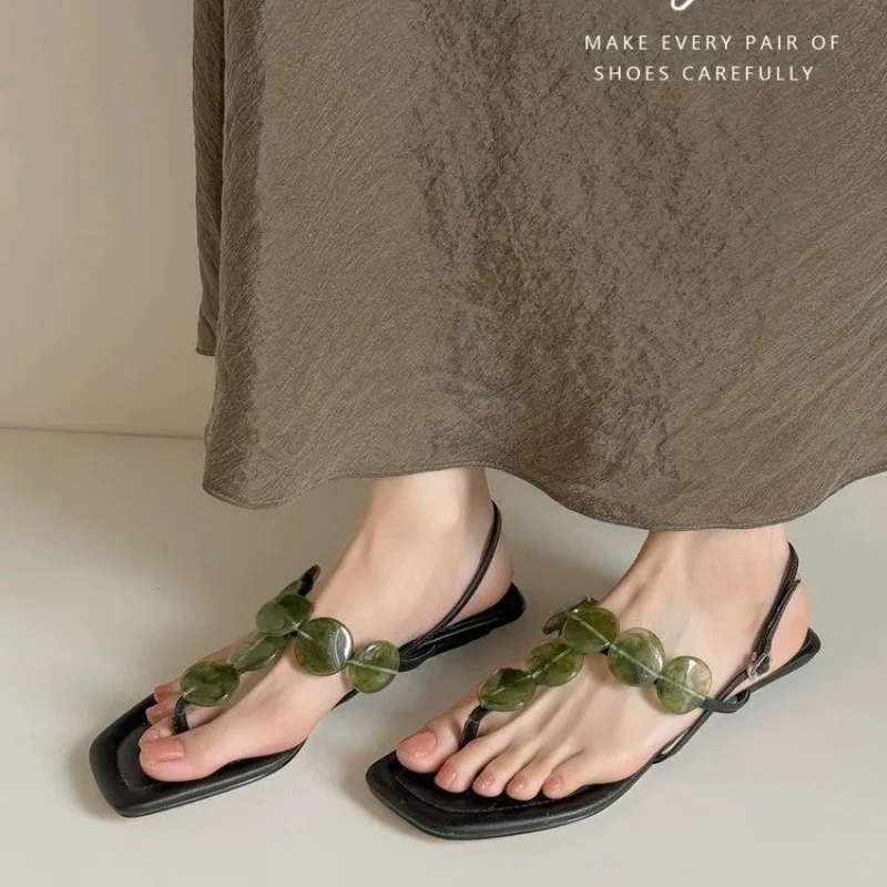 2026 new summer women sandals natural leather 22-25cm microfiber+sheepskin t-strap ankle-buckle crystal button women shoes