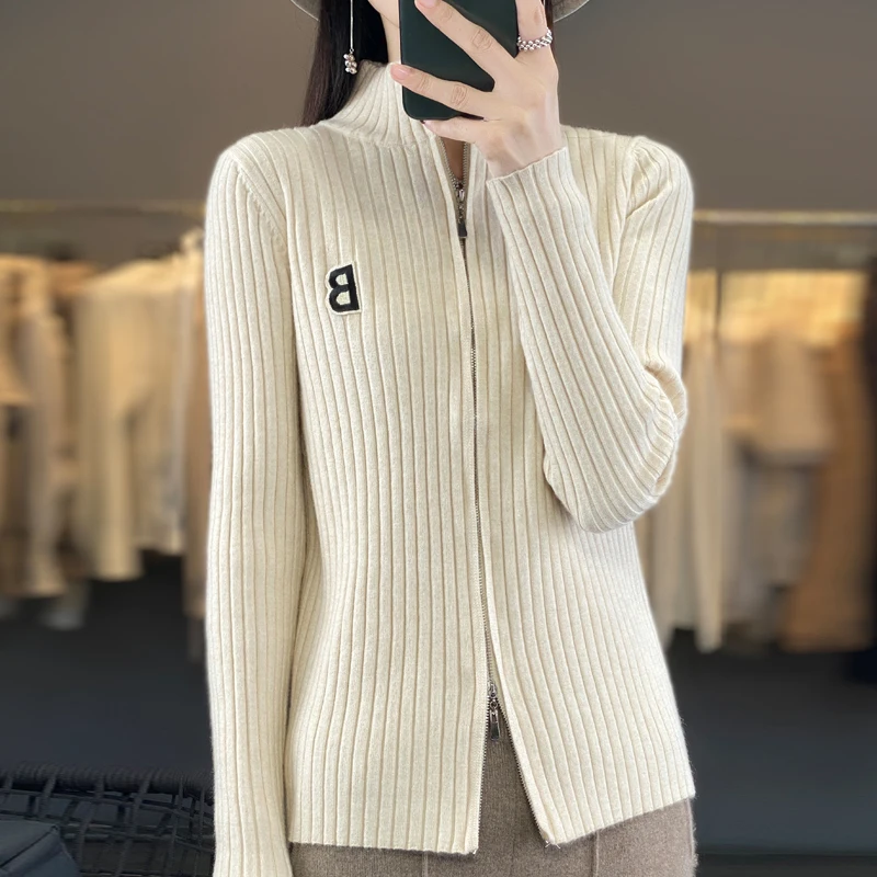 Standing collar sweater cardigan spring and summer women's outerwear design stylish and fashionable knitted top