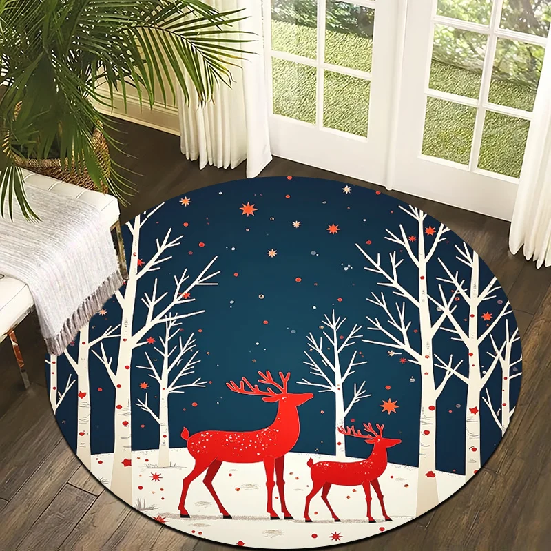 Round Winter Forest Rug – Red & White Deer, Snowy Trees & Night Sky, Non-Slip & Machine Washable