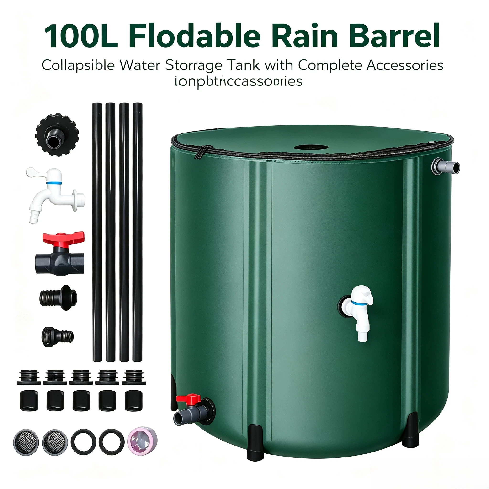 Foldable Rain Barrel 100L/200L Large Capacity, Collapsible Water Storage Tank with Complete Accessories for Garden Balcony Campi