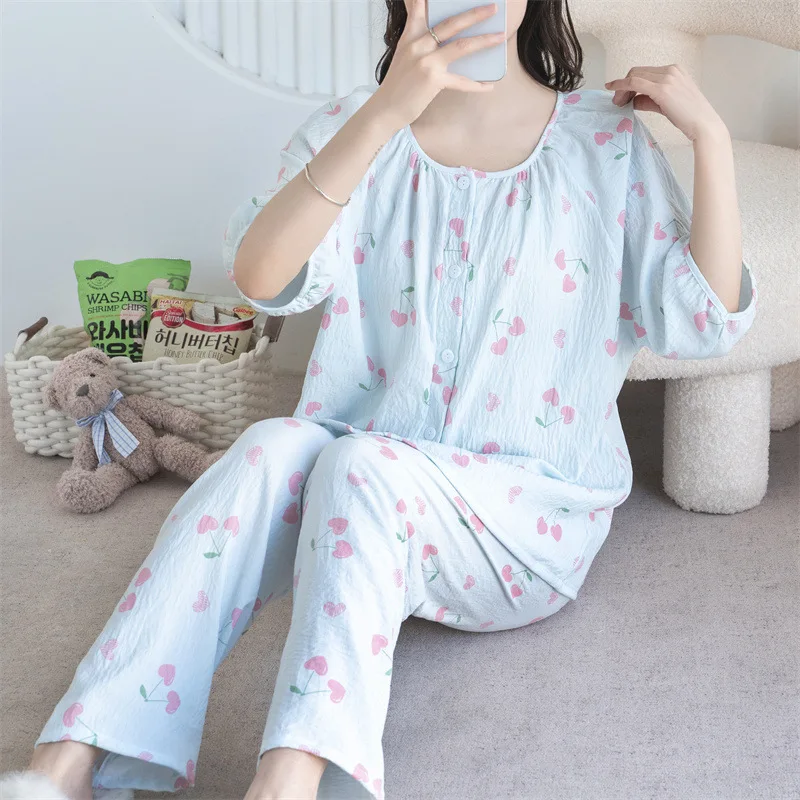 Conjunto coreano de pijamas de duas peças para mulheres, calças de meia manga, pijamas de algodão estampados, roupa doméstica, roupas de verão, novas