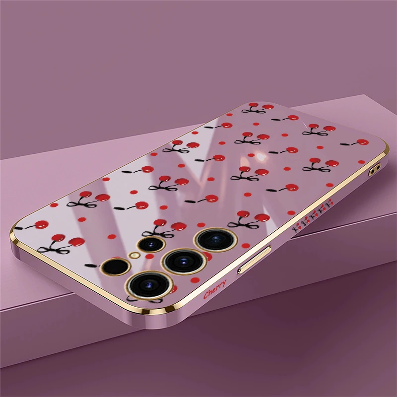 S25 Phone Case For Samsung Galaxy S25 Plus S24 FE S24 Plus S23 Ultra S22 S21 Fashion Cherry Bow Pattern Plating Silicone Capa