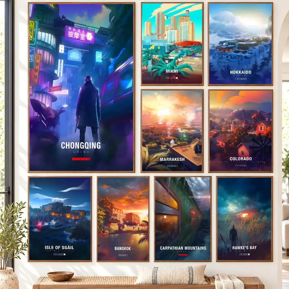 Abstract Hitman Game City Landscape Scene Art Poster Self Adhesive Matte Wall Art Removable Home Room Decoration